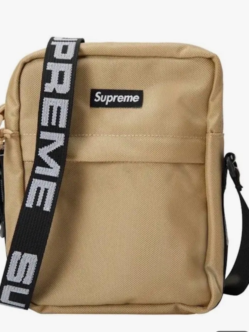 Supreme Tan Crossbody Bag with Black Branded Strap